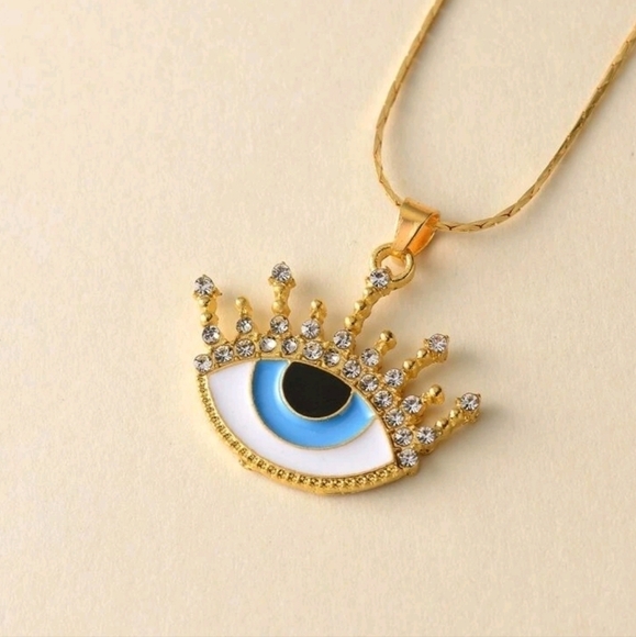NEW Gold Colored Blue Eye 🧿 Pendant with Necklace Worn for 🍀 GOOD LUCK - Picture 3 of 6